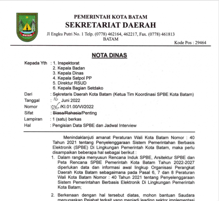 Nota Dinas Sekretariat Daerah Spbe Kota Batam